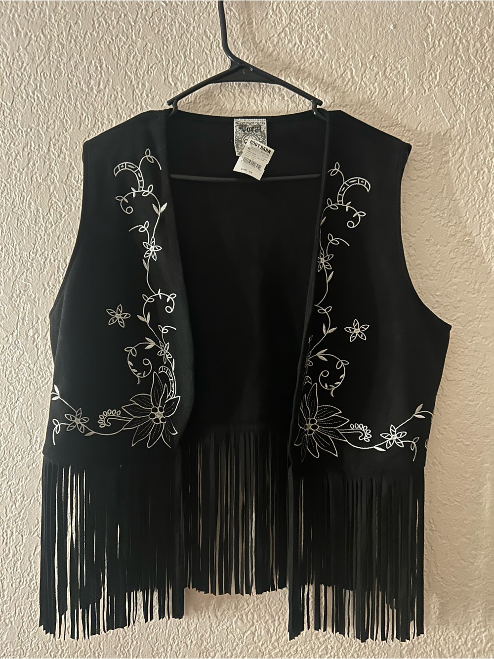 Buckle Black Sleeveless Fringe Vest with White Floral Stitching